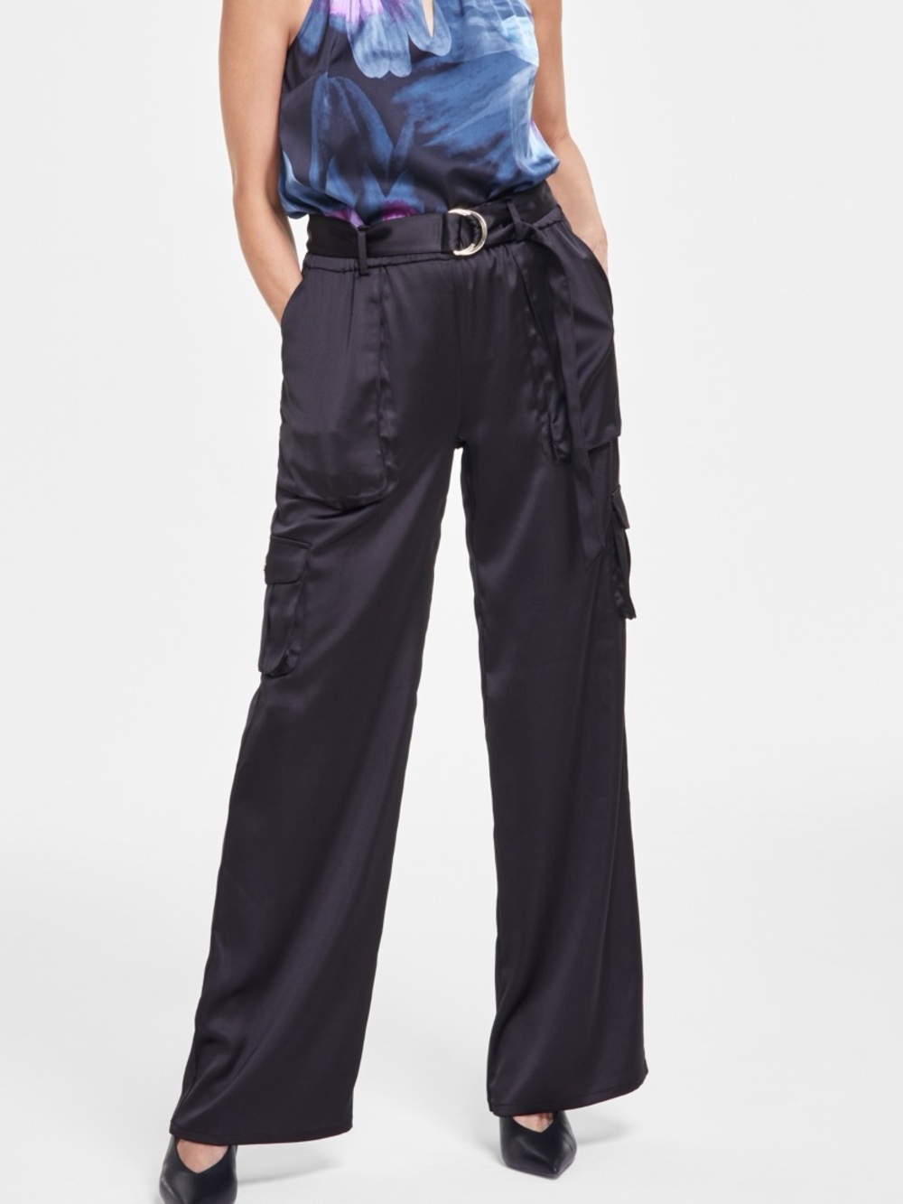 INC Petite Satin Belted Cargo Pants, Created for Macy's - black size Petite larg
